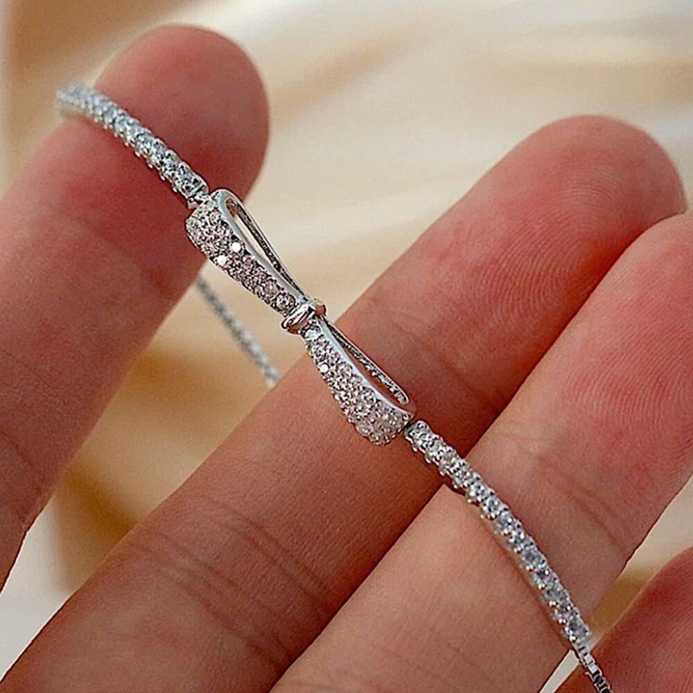 Silver Zircon Bow Knot Bracelet, Adjustable, Women’s, Minimalist, Jewelry